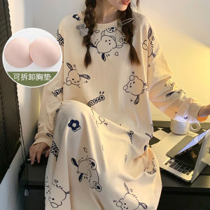 ชุดนอนผู้หญิงแขนยาวผ้าฝ้ายลายทาง ชุดนอนผู้หญิงไซส์ใหญ่ ชุดนอนผู้หญิงยาวคลุมเข่า ชุดนอนผู้หญิงฤดูใบไม้ผลิและฤดูใบไม้ร่วง