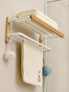 Bathroom Wood Grain Towel Rack Bath Towel Holder Toilet Paper Rack Two Layers No Drilling Required Bathroom Hardware Set