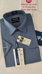 [Việt Tiến] Áo Sơ Mi Ngắn Tay - Regular (Suông) - Vạt Vuông - Màu xanh sẫm vân chìm