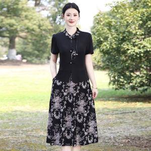 Fashionable Mid-aged Womens Summer New Style Fake Two-piece Dress Moms Clothes Modified Cheongsam Grandma Skirts Floral Pattern