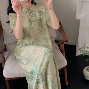 ชุดนอนผู้หญิงแขนสั้นผ้าไหมคอตตอนสไตล์จีนใหม่ ชุดนอนฤดูร้อน ชุดเดรสยาวปานกลาง ชุดนอนผู้หญิง ชุดนอนผ้าไหมคอตตอน