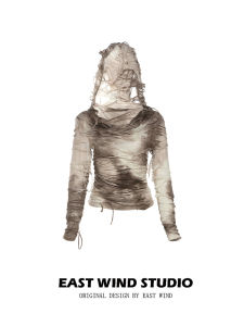 Retro Apocalyptic Design Long Sleeve T-Shirt Tie Dye Hole Slim Short Top East Wind Polyester Spandex Blend Sweet And Spicy Style