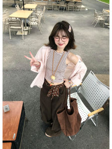 Quần Ống Rộng Kẻ Sọc Màu Nâu Phong Cách Mỹ Cổ Điển Cho Nữ Mùa Thu 2025 Quần Ống Đứng Rộng Rãi Thoải Mái Đa Năng