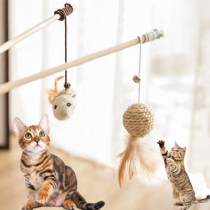 Pet Teaser Toys Feather Wood Rod Mouse Toy with Mini Bell Cat Catcher Teaser Wooden Stick Cat Interactive Toys