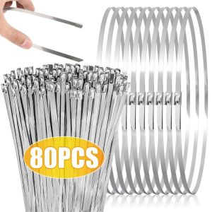 80PCS Metal Zip Cables Tie Cord Organizers Stainless Steel Self-sealing Fastening Rings Reusable Locking Wire Zip Tie
