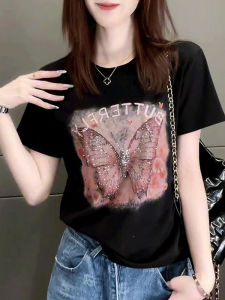 เสื้อยืดแขนสั้นผู้หญิงทรงเข้ารูปพิมพ์ลายแฟชั่นฤดูร้อน 2025 เสื้อผ้าทำงานสไตล์เกาหลี ผ้าฝ้าย ปกติ คอกลม เสื้อผ้าทำงาน