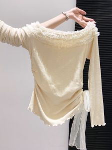 French Sweet Pink Lace Trim Long Sleeve Womens T-shirt Waist Cinching Slimming Short Top One Shoulder Style Cotton Blend Moisture Wicking Breathable