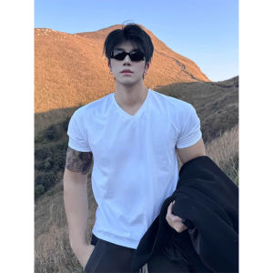 OUMULONG | V-Neck Fitness T-shirt Cleanfit Cotton Stretch Male White