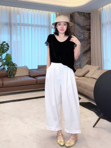 High Waist Straight Leg Casual Pants Floral Edge Sun Protection Light Weight Wide Leg Loose Fit Comfortable White Casual Trousers
