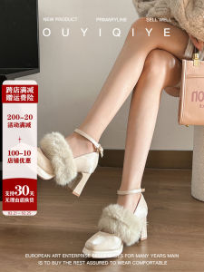 Fur Trimmed Sheepskin High Heels Warm Winter Wedding Shoes Fleece Lined Mary Janes Womens Outdoor Wear Elegant Slip-On Shoes