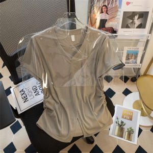 Fashionable V-Neck Pleated T-Shirt Womens Summer Slim Fit Cotton Blend Short Sleeve Unique Split Design Korean Style T-Shirt