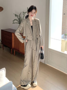 Khaki Fashionable Commute Rhinestone Old Money Style Suit Set Womens New Wide Leg Pants Two Piece Set Casual Occasion