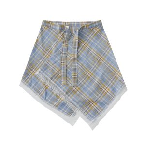 กระโปรงสั้นลายสก็อตสีฟ้าสไตล์ญี่ปุ่นพร้อมโบว์ผูกเอวสำหรับผู้หญิง ทรงเอ เอวสูง กระโปรงสั้นทรงเอ ฤดูใบไม้ผลิ 2025