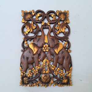 YILI | Thai Wooden Elephant Carving Panel