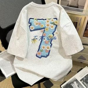 PAZHAOLANG | Plus Size Floral and Number 7 Printed Cotton T-Shirts