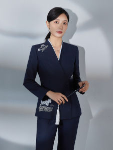 New Chinese Style Womens Suit Set Professional Tea House Beauty Industry Work Uniform Long Sleeve Long Pants Polyester Blend