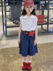 Fashionable Girls Polo Shirt and Jeans Shorts Set