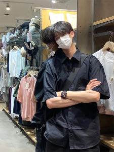 Black Casual Short Sleeve Shirt for Men Summer High End Style Cleanfit Jacket Polyester Cotton Blend Breathable Loose Fit