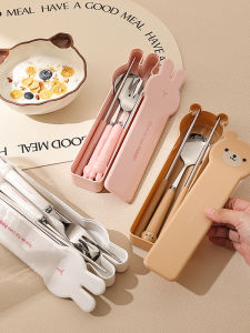 Cute Portable Stainless Steel 304 Chopsticks Spoon Fork Set Three Pieces Student Dining Utensils High Aesthetic Value Boxed