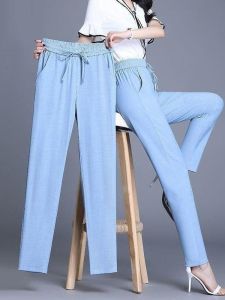 กางเกงยีนส์ผ้าไหมน้ำแข็งสำหรับผู้หญิง ทรงหลวม ทรงสลิม ทรงลำลอง กางเกงขายาวทรงเก้าส่วน กางเกงยีนส์ผ้าไหม