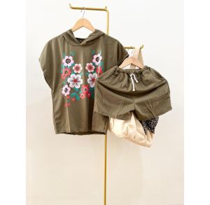 ●ECLAIRE● 0IS Setelan Celana Hoodie Pendek Babyterry Floral Flower Bunga Kasual Casual Santai Bepergian Army