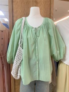 Plus Size 150.00kg South Korea Dongdaemun Summer New Arrival round Neck Tied Puff Sleeves Sun Protection Lantern Sleeve Short Sleeve Shirt