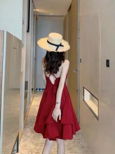 French Red Off-Shoulder Ruffle Halter Dress Women Summer Vacation Beachside Skirt High Waist A-Line Skirt Deep V-Neck Line