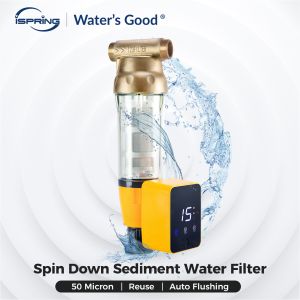 iSpring WSP50ARB Spin Down Sediment Water Filter Reusable With Touch-Screen Auto Flushing Module And Built-in Housing Scraper Brass Top Clear Housing Pre-Filter 50 Micron