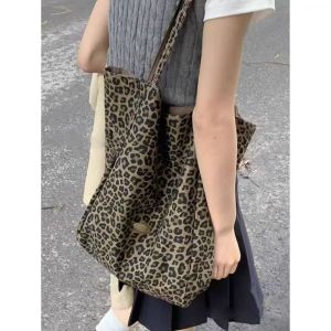 Trendy Large Capacity Canvas Bag for Women Spring 2025 College Style Leopard Print Tote Bag Casual Versatile Womens Bag