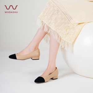 รองเท้าส้นสูงแบบสวมสำหรับผู้หญิง พื้นหนังแท้ สีบล็อก ทรงปากตื้น ทรงหัวมน สำหรับใส่ไปทำงาน รองเท้าแฟชั่นส้นสูง