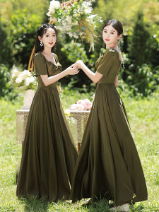 Maids of Honor Long Green Satin Gown Womens Korean Style Wedding Dress A-Line Skirt Short Sleeve Bridesmaid Dress for Party