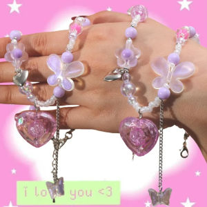 สร้อยโช้คเกอร์จี้ผีเสื้อหัวใจ Y2K สร้อยคอเด็กผู้หญิงแนววินเทจประดับด้วยลูกปัดโซ่ไหปลาร้าเครื่องประดับจี้คริสตัลโดพามีนสีสันสดใส