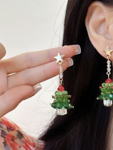 Autumn and Winter Christmas Tree Earrings Shining Cute Christmas Silver Needle Stud Earrings Student Temperament All-Match Earless Ear Clip Women