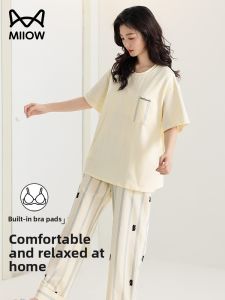 MiiOW | Pure Cotton Sleepwear Womens Set With Chest Pad Short Sleeve Long Pants Casual Lazy Feel Home Clothes Set Breathable Lightweight Summer Pyjamas