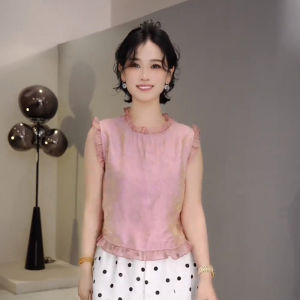 เสื้อเชิ้ตแขนสั้นผู้หญิงสีฟ้าสไตล์จีนฤดูร้อนปี 2025 ทรงหลวม สไตล์เรียบง่าย แขนกุด เสื้อเชิ้ตผู้หญิงคอโปโล