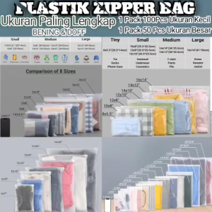 Plastik Zipper Bag 100pcs – Bening & Doff | Berbagai Ukuran | Ziplock Press Kuat & Serbaguna