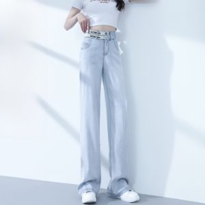FIGHT FISH | Light Wash Silk Denim High Waist Draped Straight Leg Summer New Loose Wide Leg Pants Women Casual Style Fitted Trousers