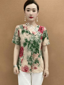 เสื้อยืดคอกลมลายดอกไม้ขนาดใหญ่สำหรับผู้หญิง ฤดูร้อน 2025 เสื้อแขนสั้นทรงหลวมสำหรับผู้สูงอายุ ทรงเข้ารูป เสื้อคลุมเนื้อ