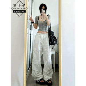กางเกงลำลองเอวสูงขาบานสไตล์อเมริกันสำหรับผู้หญิง กางเกงขายาวทรงหลวมสีขาว ทรงหลวม ทรงสลิมฟิต ทรงหลวม ทรงหลวม ทรงหลวม