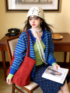 Iuui·le 2026 Spring Blue Green Striped Open Cardigan Womens Casual Vintage Layering round Neck Versatile Long Sleeve Knitwear