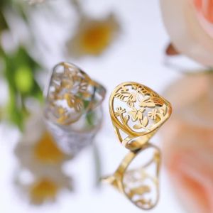 Flower Butterfly Hollow Ring Womens Stainless Steel Golden Aesthetic Ring Jewelry Birthday Gift 2025 Trendy New Style
