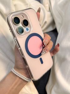 16ProMax Phone Case Pink Blue Magnetic Wireless Charging Simple Design Dual Layer Silicone Protective Cover for Women