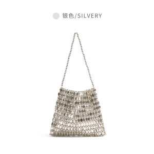 Shiny Silver Metal Chain Link Bracelet Bag Orange Girls Sparkling Sequin Underarm Handbag Korean Style Woven Bag for Youth