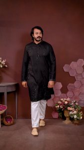 Men Premium Smart Silk With Embroidery Mirror work Straight Kurta Only Wedding Party Wear Men _02