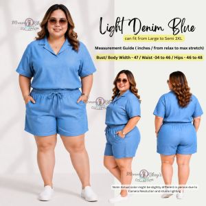 Plus Size Selena Coords Denim Fabric Set for Women - Collar V-Neck Top & Garterized Shorts with Pockets - Casual & Travel Outfit - L to Semi 3XL - Mommy Kikays Collection