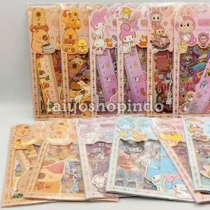 TAIYO Sticker Aesthetic Set Labubu Melody & Kuromi Capybara Stiker 4 Lembar Tempel Penggaris Keychain Akrilik