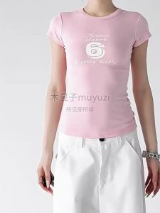 MUYUZI | Elegant Pink Americana Printed T-Shirt Women Short Sleeve