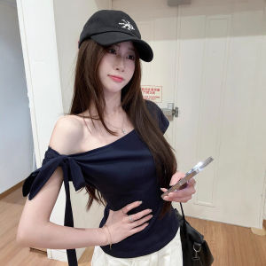 Slim Fit Short Sleeve T-Shirt Womens Fashion Trendy Top Summer Slimming Student Uniform Style Bow Tie Shoulder Design Tee