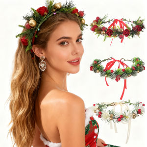 AWAYTR Christmas Cedar Rose Flower Headband for Girls Handmade Wreath Vine Hairband Hair Accessories Ornament for Wedding Party