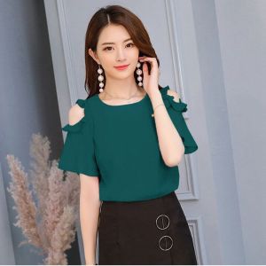 Summer Womens Loose T-Shirt Shoulder Exposure Short Sleeve Silk Shirt Cover Belly High End Atmosphere Korean Style round Neck